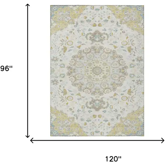 Ivory And Linen Damask Washable Indoor Outdoor Area Rug Photo 6