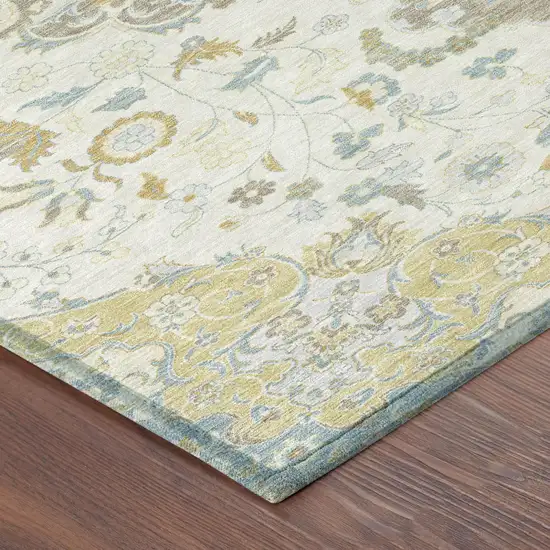 Ivory And Linen Damask Washable Indoor Outdoor Area Rug Photo 4