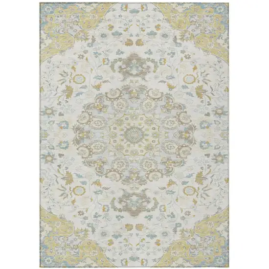 Ivory And Linen Damask Washable Indoor Outdoor Area Rug Photo 1