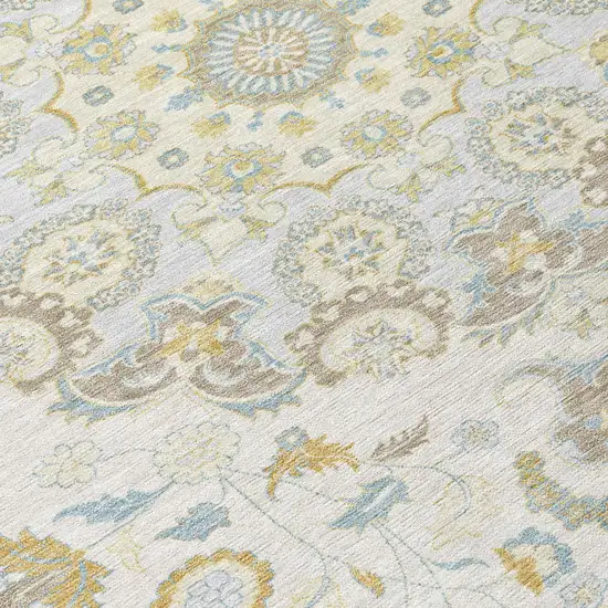 Ivory And Linen Damask Washable Indoor Outdoor Area Rug Photo 5