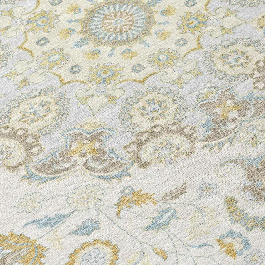 Ivory And Linen Damask Washable Indoor Outdoor Area Rug Photo 5