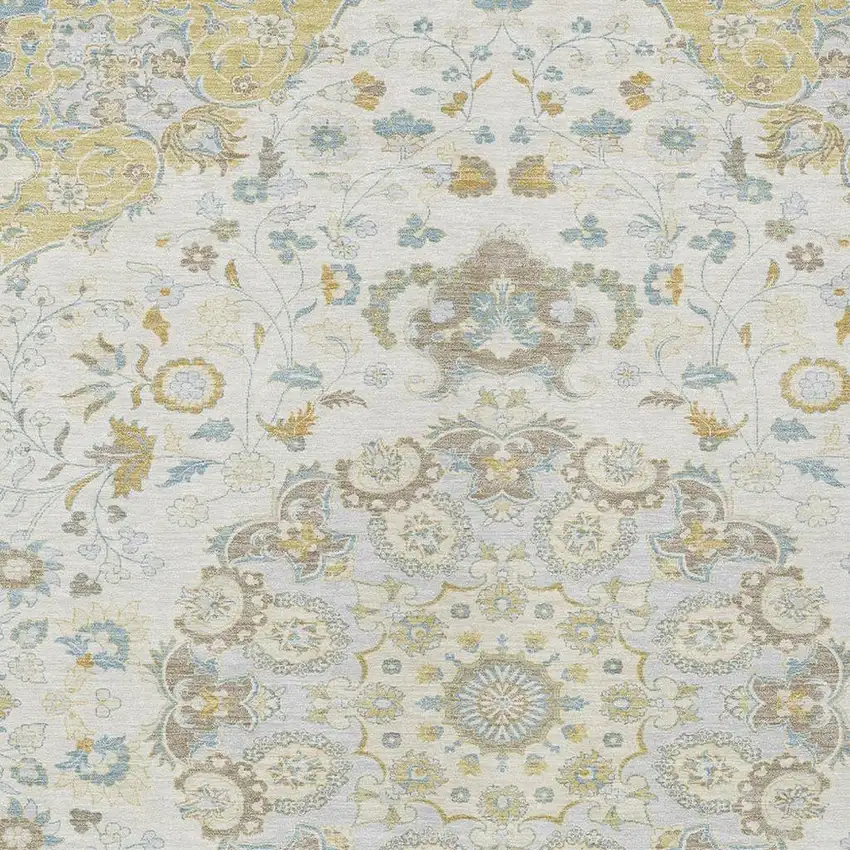 Ivory And Linen Damask Washable Indoor Outdoor Area Rug Photo 2