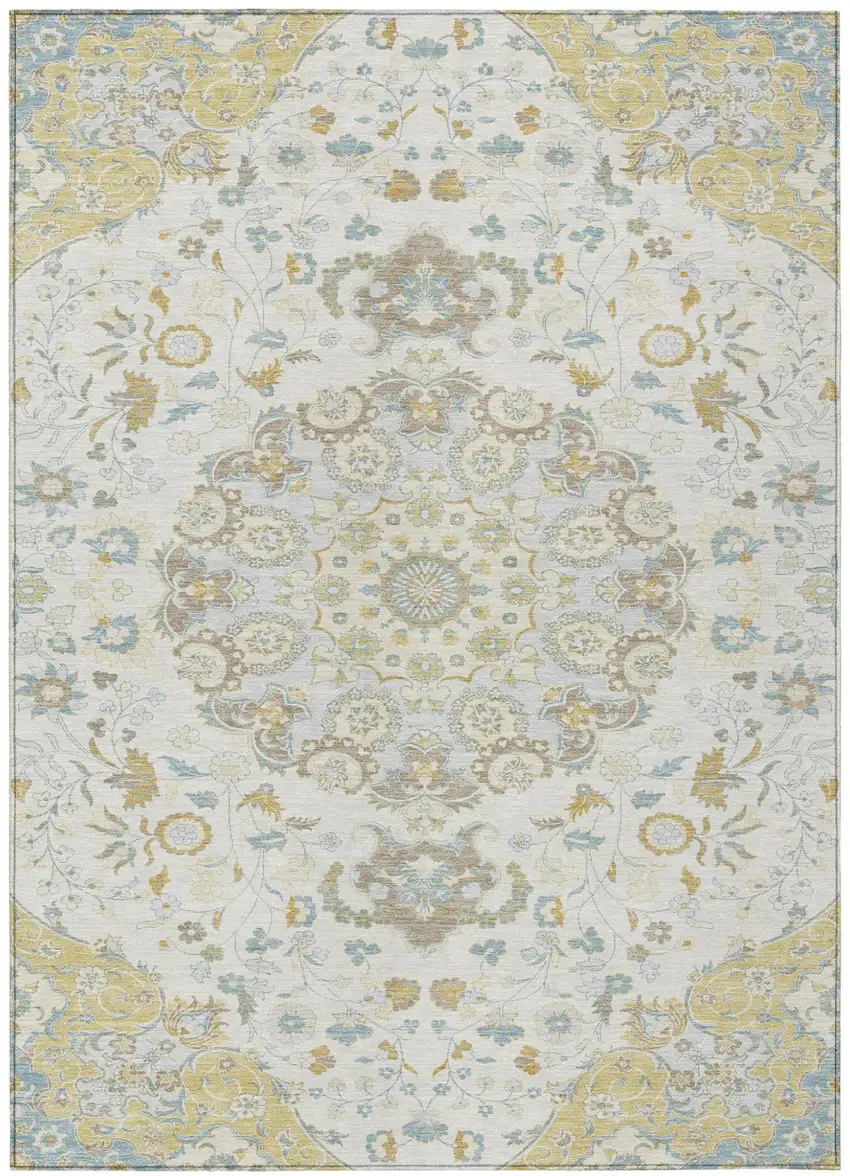 Ivory And Linen Damask Washable Indoor Outdoor Area Rug Photo 1