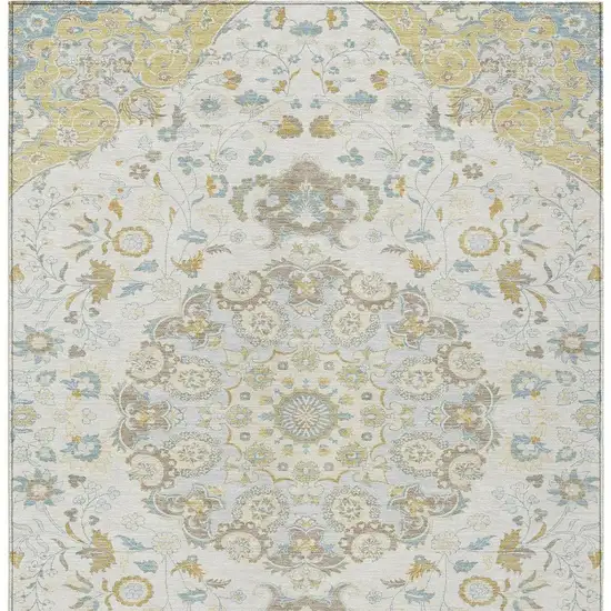 Ivory And Linen Damask Washable Indoor Outdoor Area Rug Photo 3