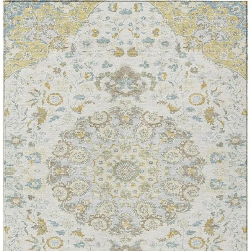 Ivory And Linen Damask Washable Indoor Outdoor Area Rug Photo 3