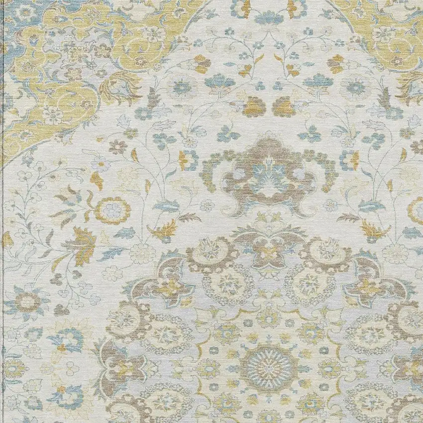 Ivory And Linen Damask Washable Indoor Outdoor Area Rug Photo 2