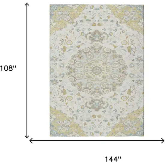 Ivory And Linen Damask Washable Indoor Outdoor Area Rug Photo 6
