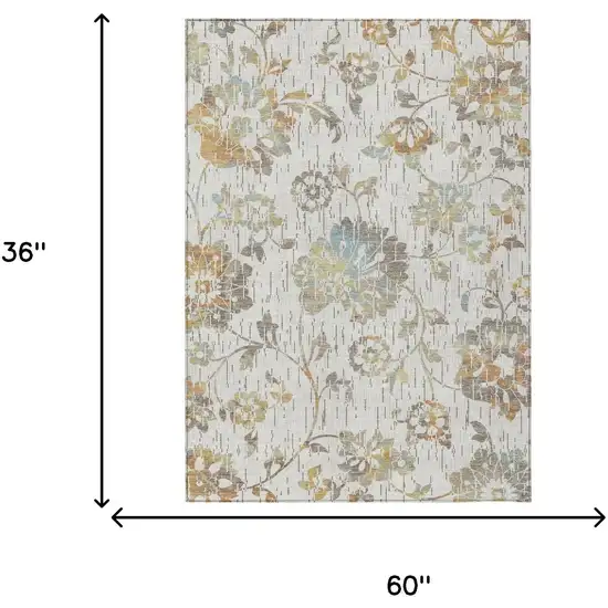 Ivory And Linen Floral Washable Indoor Outdoor Area Rug Photo 6
