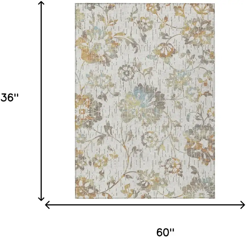 Ivory And Linen Floral Washable Indoor Outdoor Area Rug Photo 6