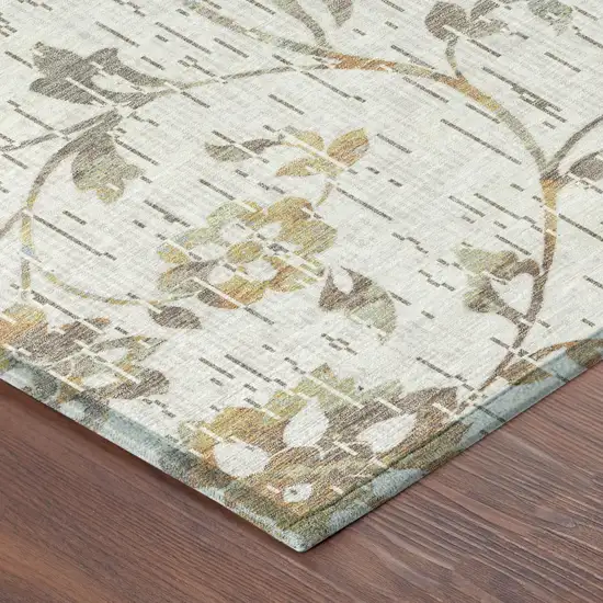 Ivory And Linen Floral Washable Indoor Outdoor Area Rug Photo 4