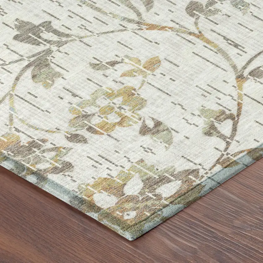 Ivory And Linen Floral Washable Indoor Outdoor Area Rug Photo 4