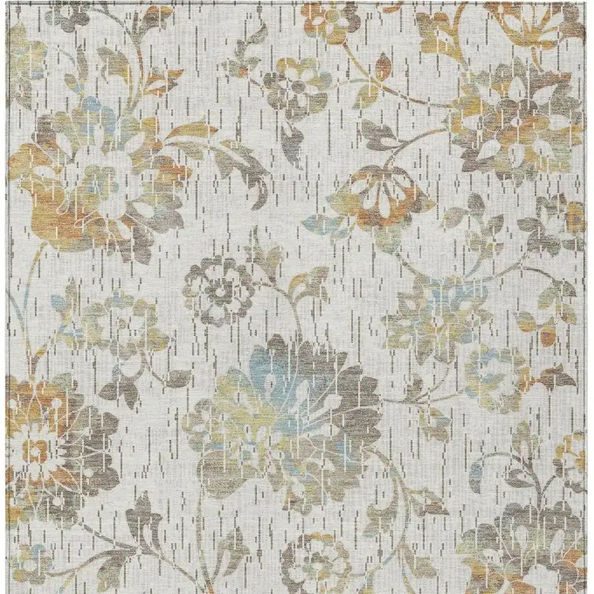 Ivory And Linen Floral Washable Indoor Outdoor Area Rug Photo 3