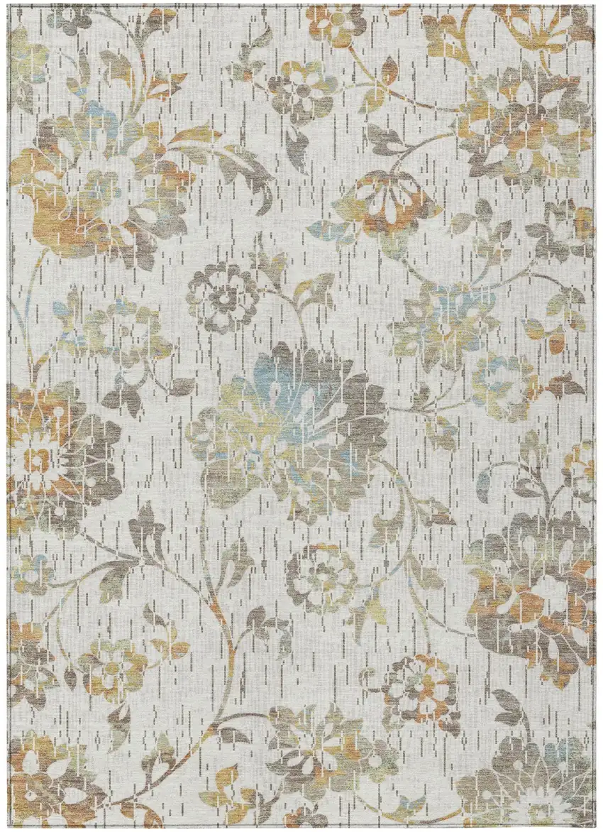 Ivory And Linen Floral Washable Indoor Outdoor Area Rug Photo 1