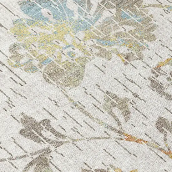 Ivory And Linen Floral Washable Indoor Outdoor Area Rug Photo 5