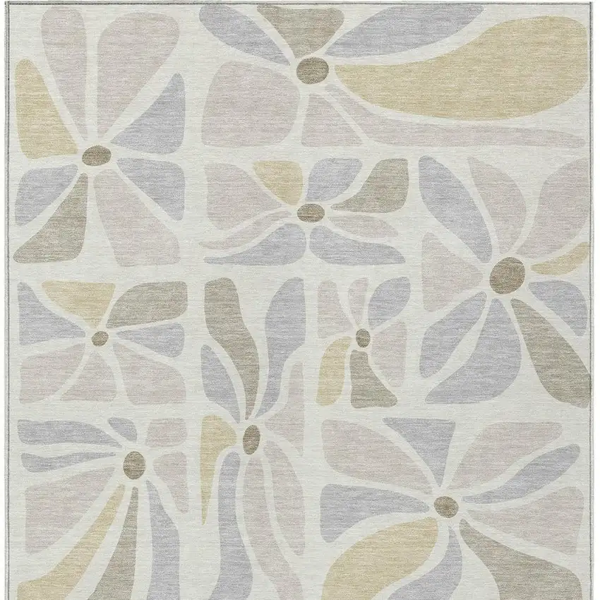 Ivory And Linen Floral Washable Indoor Outdoor Area Rug Photo 3