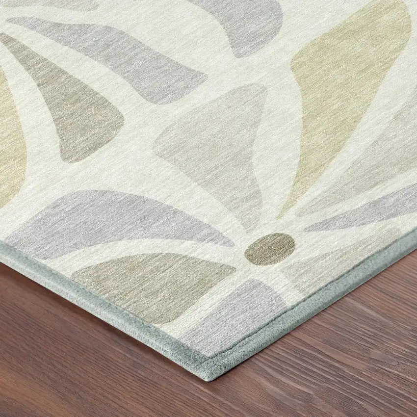 Ivory And Linen Floral Washable Indoor Outdoor Area Rug Photo 4