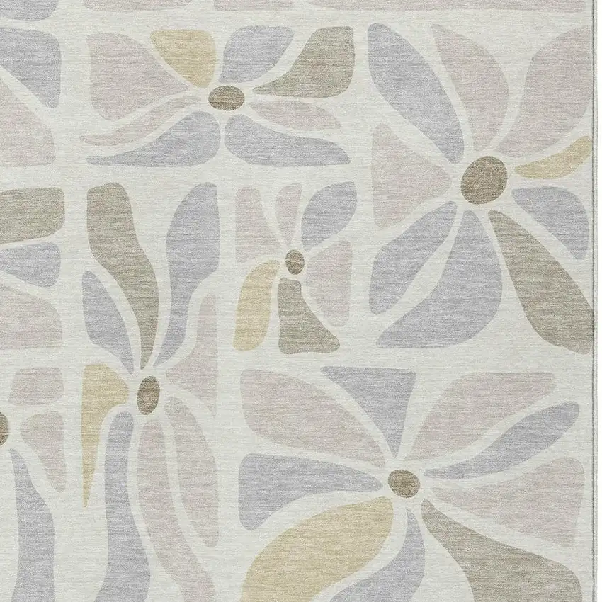 Ivory And Linen Floral Washable Indoor Outdoor Area Rug Photo 2