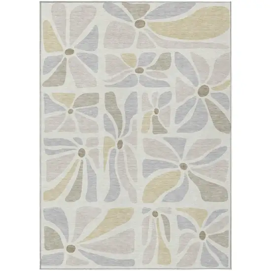 Ivory And Linen Floral Washable Indoor Outdoor Area Rug Photo 1