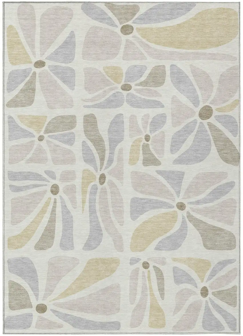 Ivory And Linen Floral Washable Indoor Outdoor Area Rug Photo 1