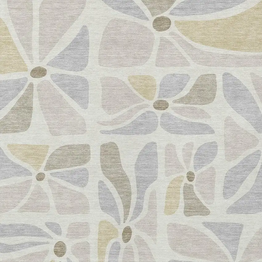 Ivory And Linen Floral Washable Indoor Outdoor Area Rug Photo 2