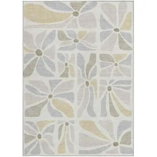 Ivory And Linen Floral Washable Indoor Outdoor Area Rug Photo 3
