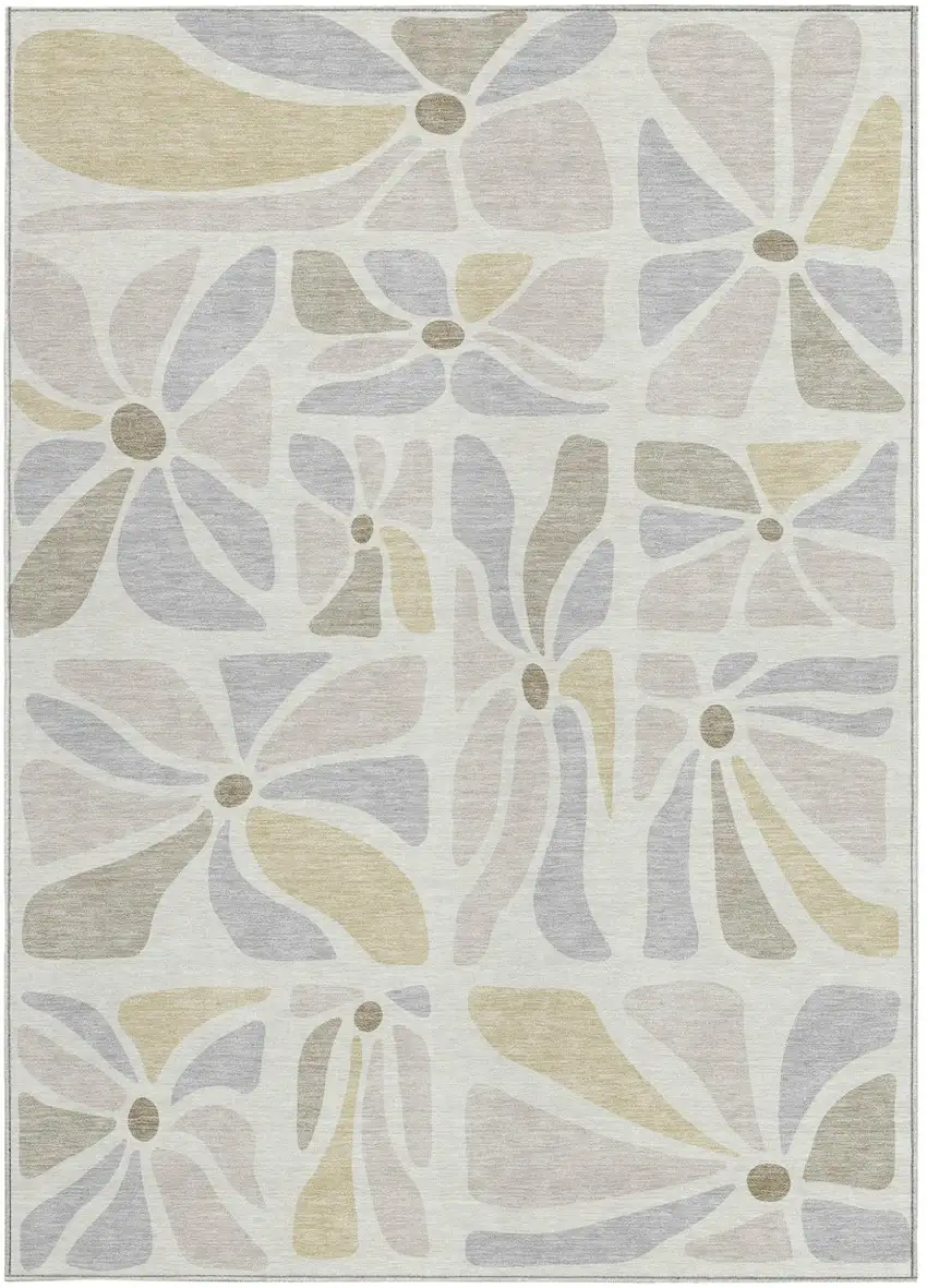 Ivory And Linen Floral Washable Indoor Outdoor Area Rug Photo 3