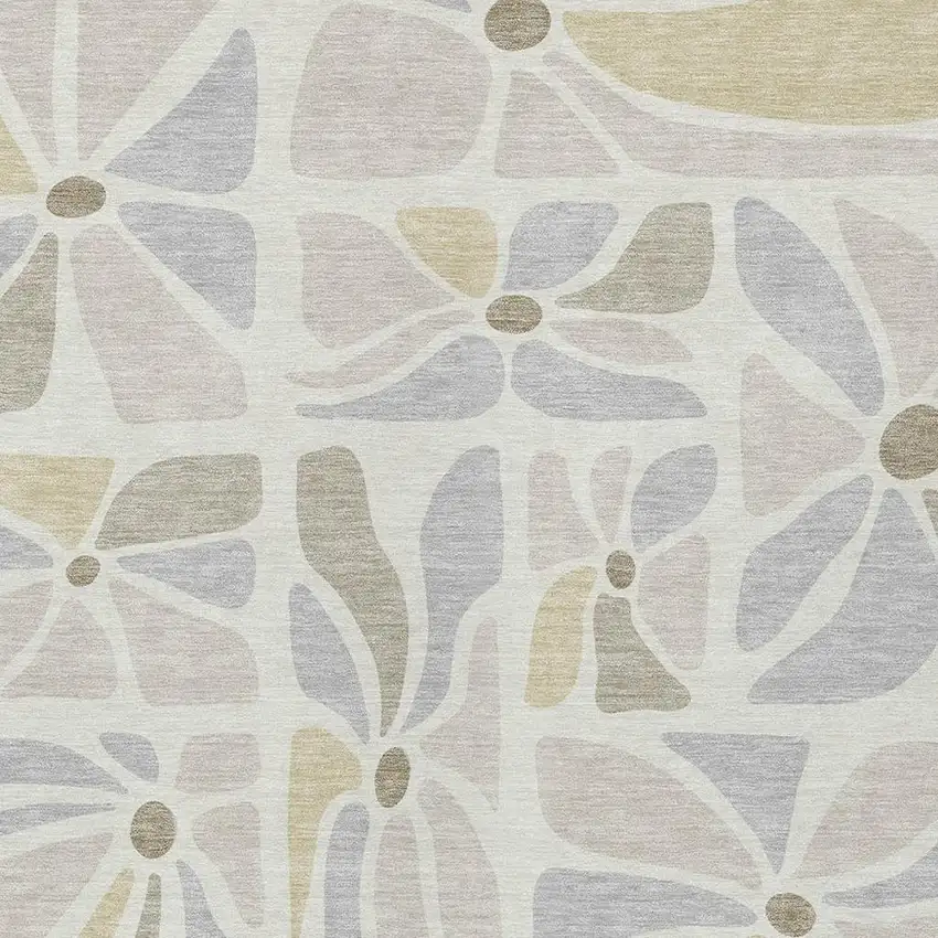 Ivory And Linen Floral Washable Indoor Outdoor Area Rug Photo 2