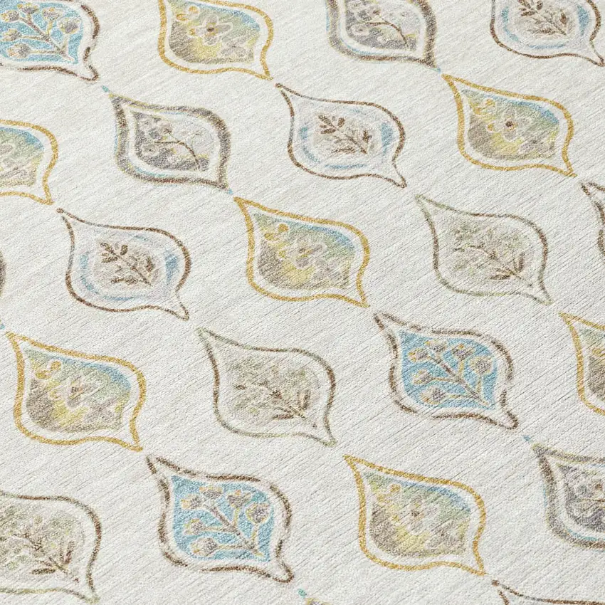 Ivory And Linen Floral Washable Indoor Outdoor Area Rug Photo 5