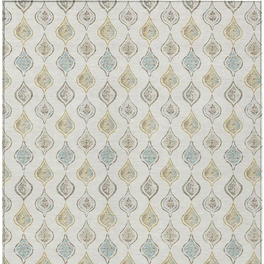 Ivory And Linen Floral Washable Indoor Outdoor Area Rug Photo 3