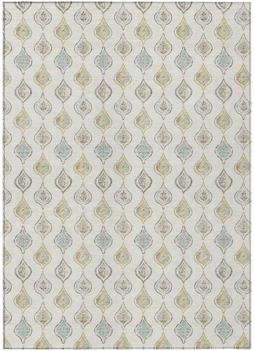Ivory And Linen Floral Washable Indoor Outdoor Area Rug Photo 1