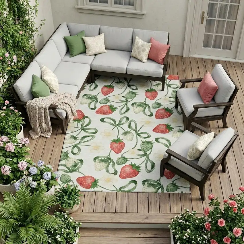 Ivory And Linen Floral Washable Indoor Outdoor Area Rug Photo 1