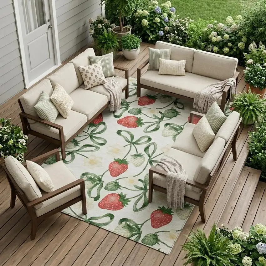 Ivory And Linen Floral Washable Indoor Outdoor Area Rug Photo 1