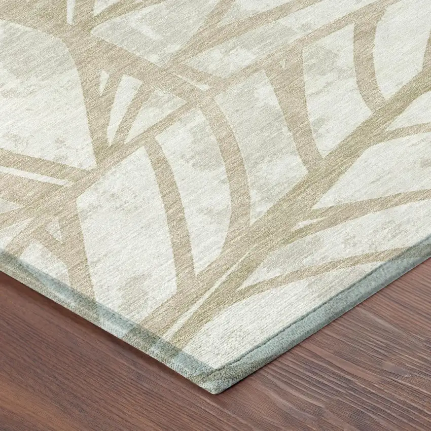 Ivory And Linen Floral Washable Indoor Outdoor Area Rug Photo 3