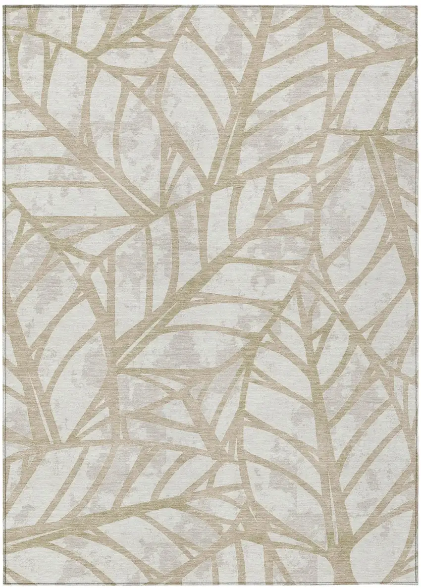 Ivory And Linen Floral Washable Indoor Outdoor Area Rug Photo 2