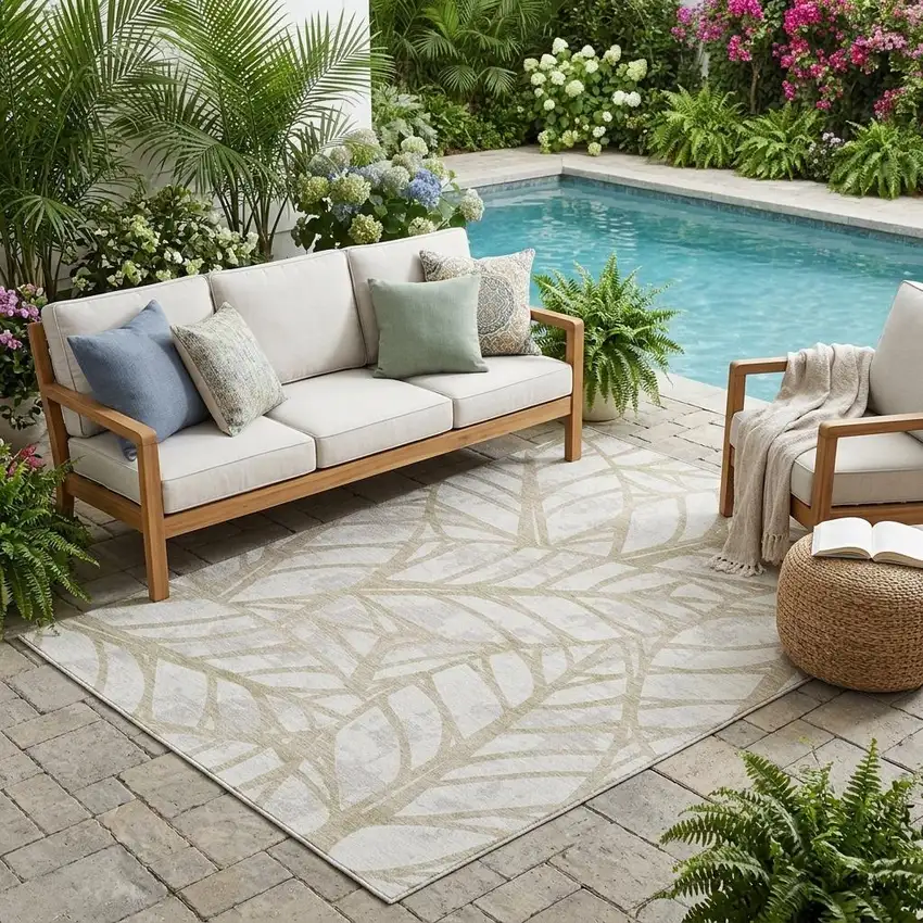 Ivory And Linen Floral Washable Indoor Outdoor Area Rug Photo 1