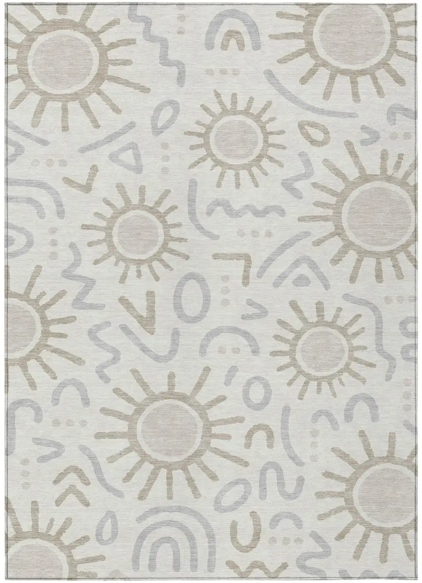 Ivory And Linen Geometric Washable Indoor Outdoor Area Rug Photo 1
