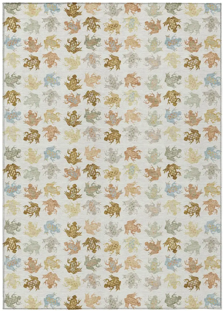 Ivory And Linen Geometric Washable Indoor Outdoor Area Rug Photo 1