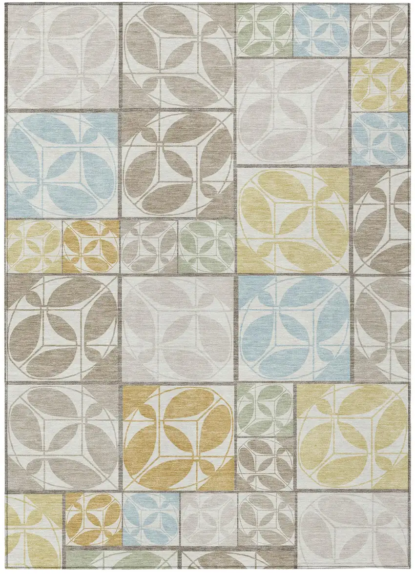 Ivory And Linen Geometric Washable Indoor Outdoor Area Rug Photo 1