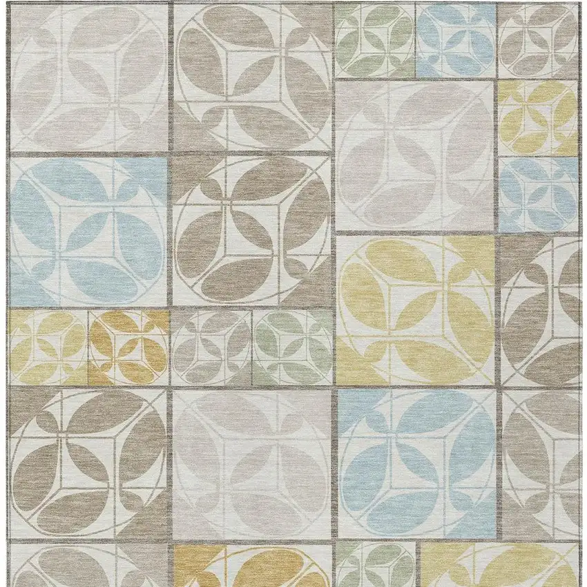 Ivory And Linen Geometric Washable Indoor Outdoor Area Rug Photo 3