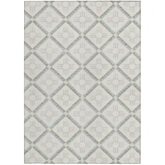 Ivory And Linen Geometric Washable Indoor Outdoor Area Rug Photo 4