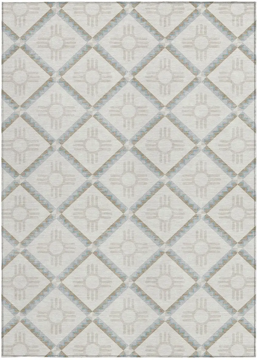 Ivory And Linen Geometric Washable Indoor Outdoor Area Rug Photo 4