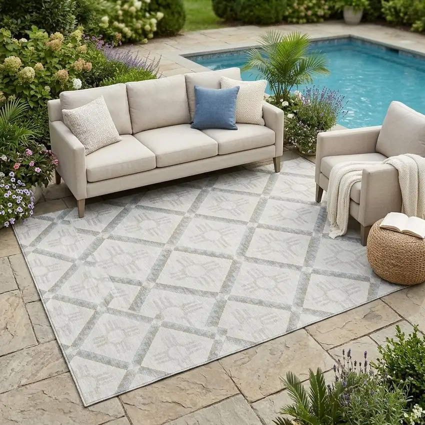 Ivory And Linen Geometric Washable Indoor Outdoor Area Rug Photo 1