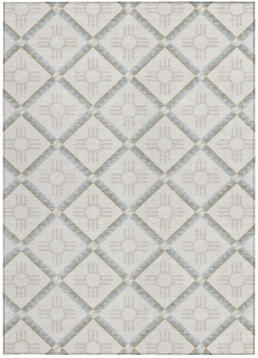 Ivory And Linen Geometric Washable Indoor Outdoor Area Rug Photo 3