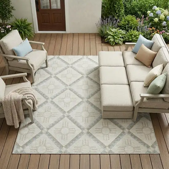 Ivory And Linen Geometric Washable Indoor Outdoor Area Rug Photo 1