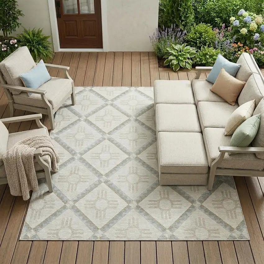 Ivory And Linen Geometric Washable Indoor Outdoor Area Rug Photo 1