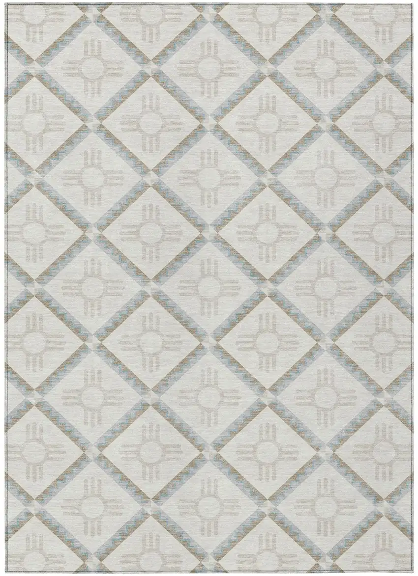 Ivory And Linen Geometric Washable Indoor Outdoor Area Rug Photo 2