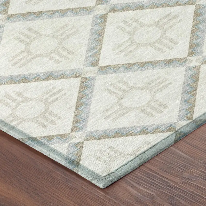 Ivory And Linen Geometric Washable Indoor Outdoor Area Rug Photo 6