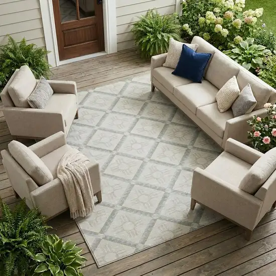 Ivory And Linen Geometric Washable Indoor Outdoor Area Rug Photo 1