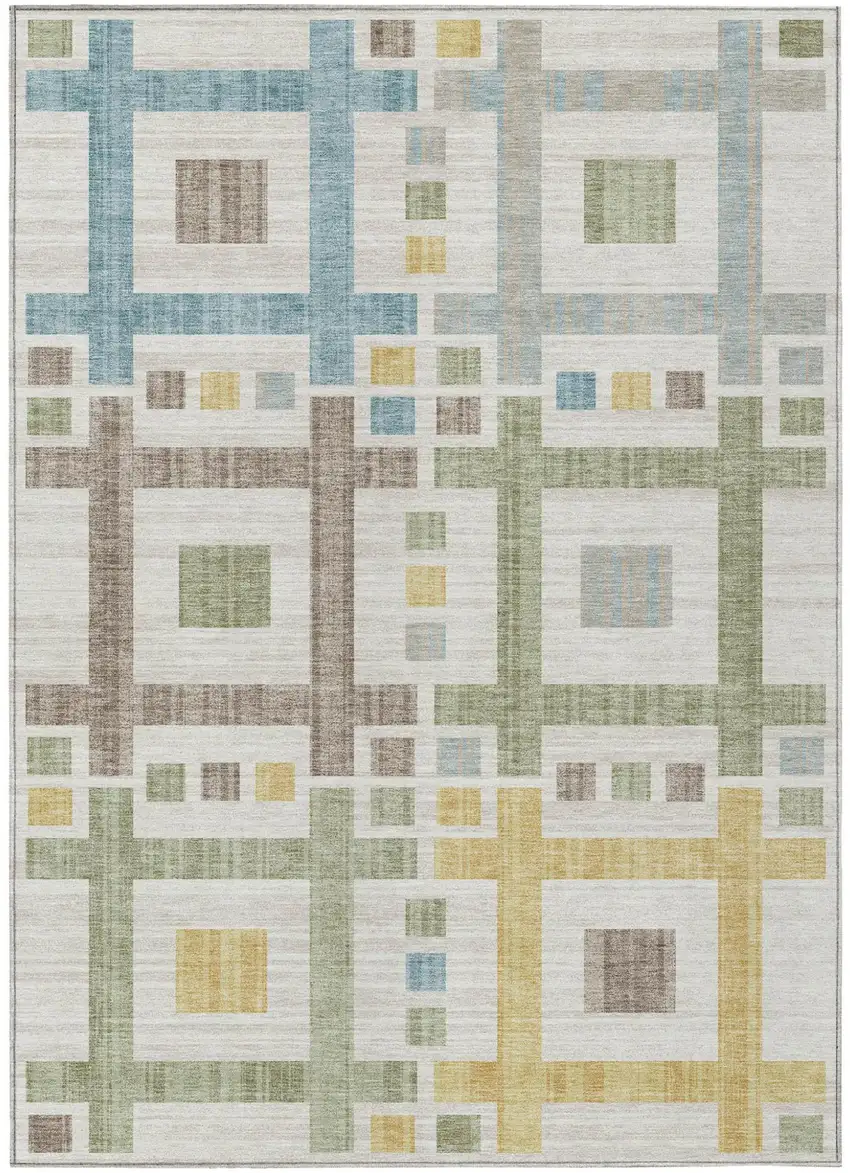 Ivory And Linen Geometric Washable Indoor Outdoor Area Rug Photo 2