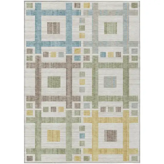 Ivory And Linen Geometric Washable Indoor Outdoor Area Rug Photo 2